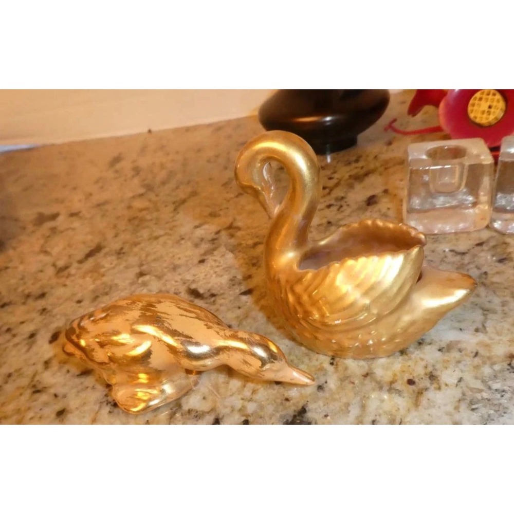 MCM Vintage Italian Gold Glazed Swan Planter & Duck Figurine Set Made in Italy